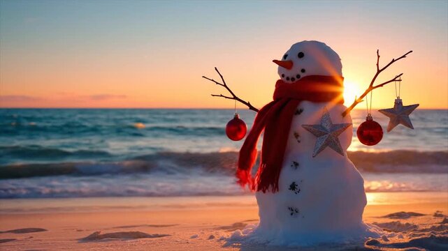 Snowman on a Tropical Beach at Sunset with Ocean Waves.