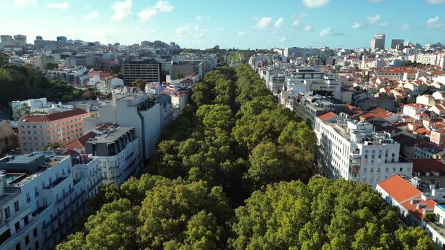 Aerial Drone View of Lisbon's Iconic Avenida da Liberdade Tree-Lined Boulevard Stretching to Marqu&ecirc;s de Pombal