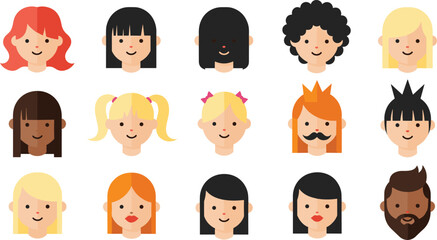 Cute Diverse People Avatar Face Icon Set with Male and Female Characters for User Profiles, Social Media Accounts and Community Platforms.