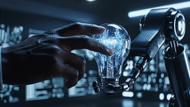 Human hand and robotic arm holding a bright, glowing light bulb