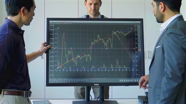 team analyzing stock charts on large display during meeting, three professionals pointing at trend lines and indicators, finance discussion with projection and strategy in boardroom