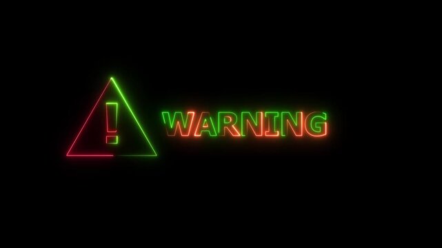 Neon Warning Sign with Triangle Exclamation Symbol on Dark Background, Futuristic digital security concept suitable for access restriction messages and technology related warning on black background.