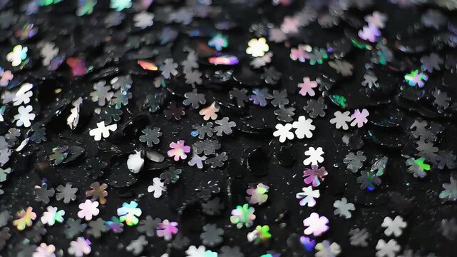 Multicolored confetti flowers scattered on a dark background from a top view