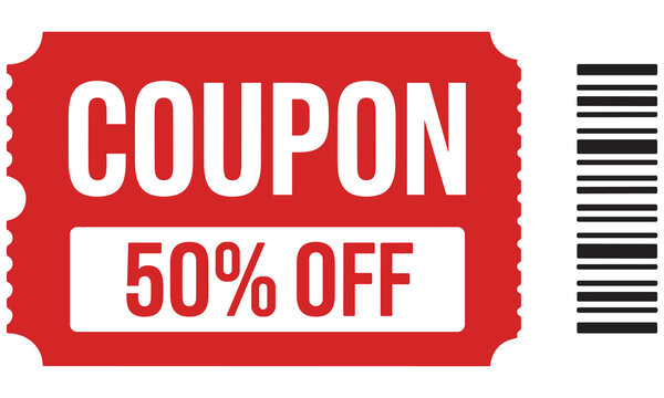 Red coupon ticket with fifty percent off offer on a white background for promotional sales and discounts in retail shopping and online stores to attract customers with savings