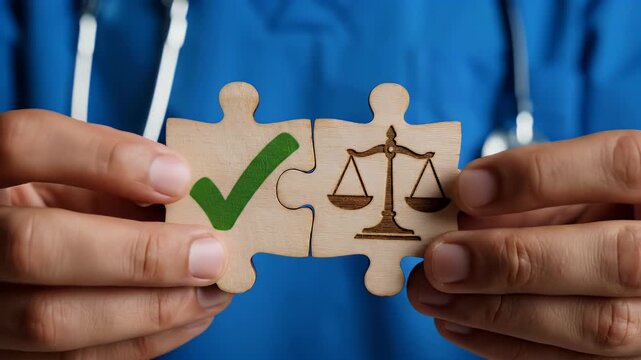 Two puzzle pieces, one with a checkmark, the other with scales of justice