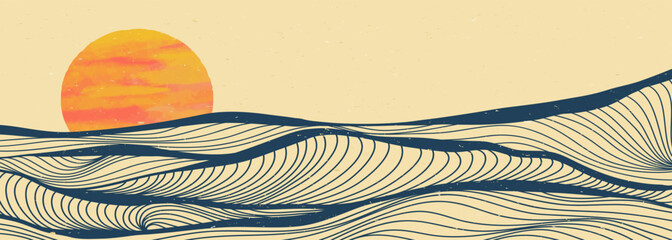 Fototapeta premium Ocean wave landscape illustration. Creative minimalist modern line art print. Abstract contemporary aesthetic backgrounds landscapes. with Ocean, sea, skyline, wave and sunset
