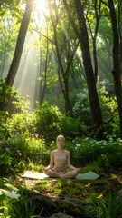 Tissu par mètre  A serene woman meditates in a sunlit forest clearing  © wedang