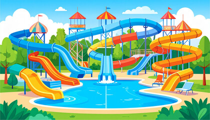 A colorful cartoon illustration of a water park with slides and a pool on transparent background