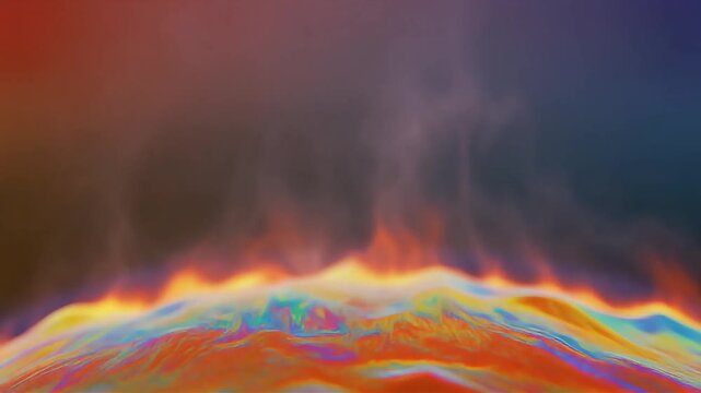 Vibrant abstract wave pattern with dynamic colors and swirling shapes in a surreal landscape