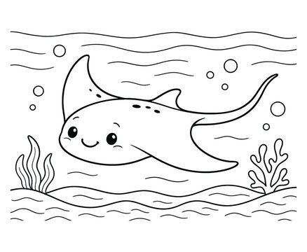 Cute cartoon manta ray coloring book page for kids with happy face and bubbles underwater