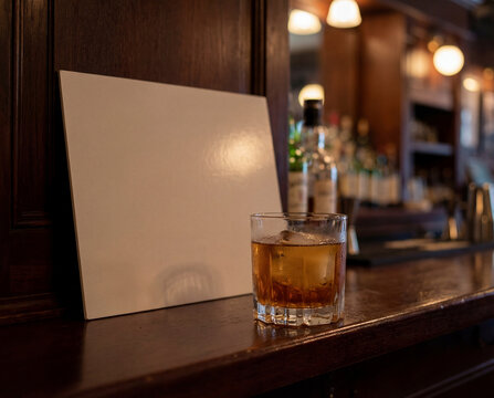 Glass of whiskey on wooden bar counter with blank sign in pub interior