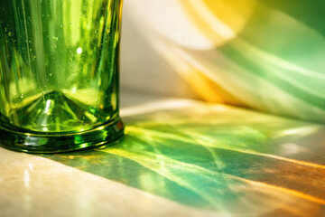 Green glass bottle with sunlight reflections and abstract shadows