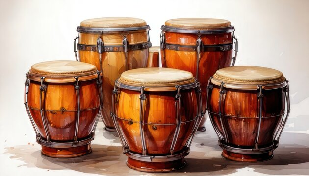 Group of Conga Drums - A Rhythmic Ensemble in Warm Tones.