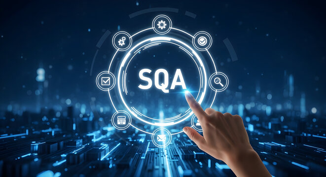 Hand interacting with SQA interface on futuristic digital background