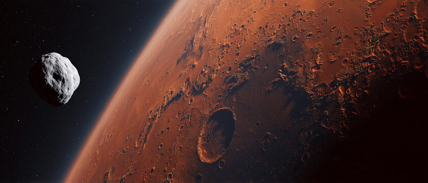 Mars and Phobos Moon in Deep Space Orbit View