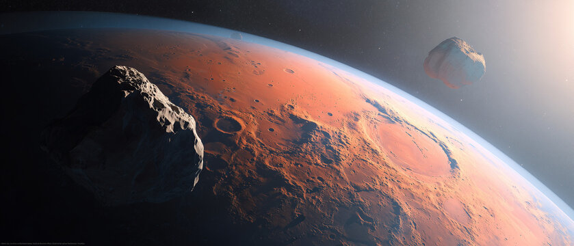 Mars and Phobos Moon in Deep Space Orbit View