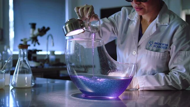Woman chemist pouring luminescent solution into glass vessel on stainless bench. Researcher performs experimental synthesis, bench technician measures reagent, safety goggles reflect purple