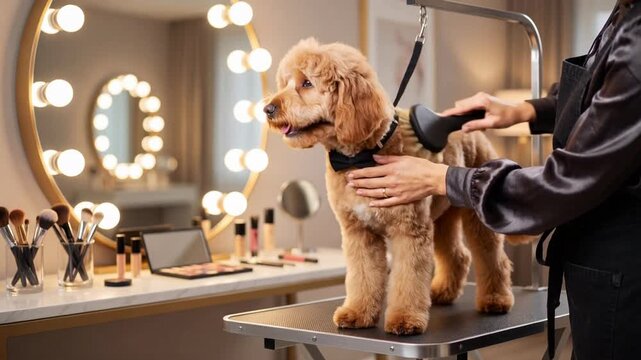 Professional groomer brushing golden doodle dog on a grooming table at an upscale salon