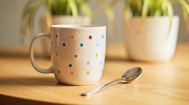 A beautiful coffee mug with colorful dots and a spoon on a wooden table.