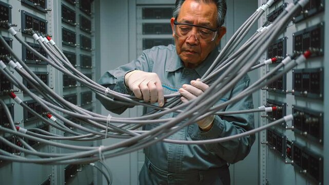 Asian technician in server room adjusting cables wearing gloves inspecting rack panels with steady focus older Asian man performing precise maintenance on network servers connecting fiber