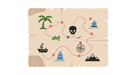 Pirate Treasure Map with Skull, Ships, Island, and Compass © Vektor
