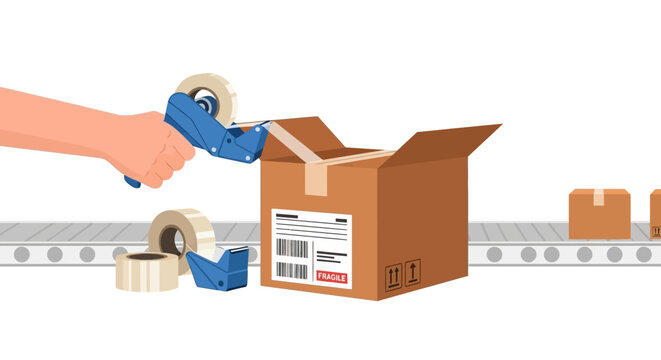 Hand sealing cardboard box with tape dispenser on conveyor belt