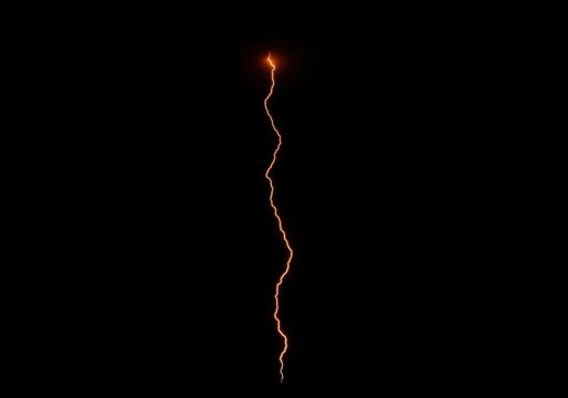 Single thin ember-colored lightning thread dangling in vast blackness, a lonely electric vein glowing faintly like fire suspended in the empty night

