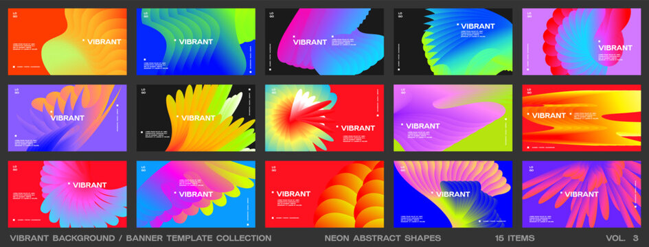 Abstract vibrant background set, banner collection. Colorful neon abstract shape. Horizontal poster, card, cover. Digital futuristic vector illustration for event and music, Landing page bundle