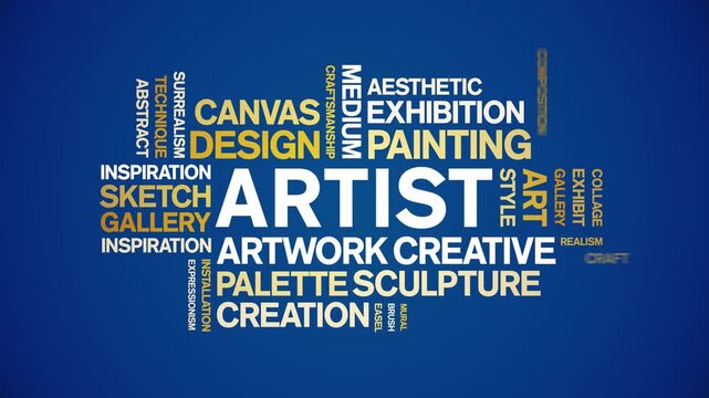 Artist animated word cloud-text design animation tag kinetic typography seamless loop.