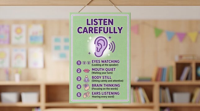 Listen carefully poster in classroom educational sign with purple text and ear icon on green background