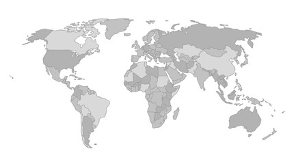 Simplified Grayscale World Map with Country Borders Isolated on White Background