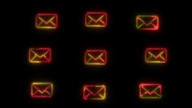 Glowing Neon Email Icons Background &ndash; Red and yellow Mail Notification Symbols on Black