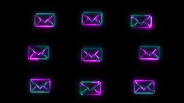 Glowing Neon Email Icons Background &ndash; Blue and Purple Mail Notification Symbols on Black