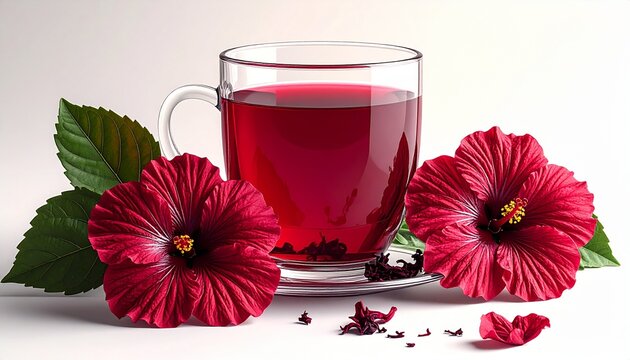 Hibiscus tea in a glass cup with hibiscus flowers and leaves.
