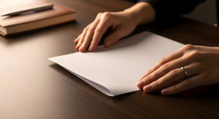 A close up of a person hands resting on a clean white sheet of paper over a dark wooden office table