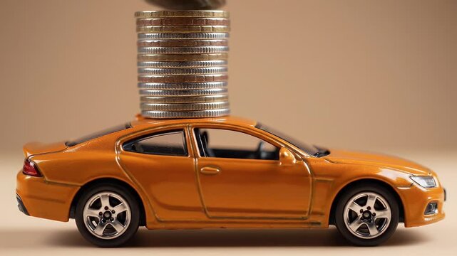 Orange toy car with stack of coins on roof