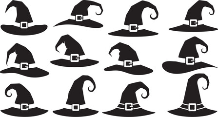 Obraz premium Collection of black witch hats with white buckles displayed