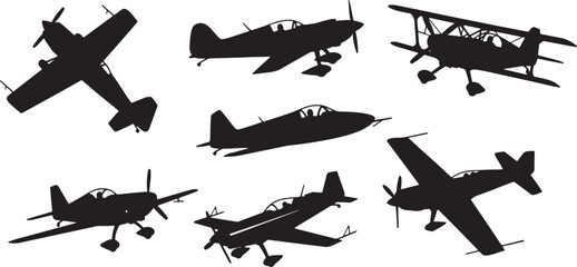 Black Solid Classic Aerobatic Planes Silhouettes Set of Six on White Background © ShahvezGrhi 