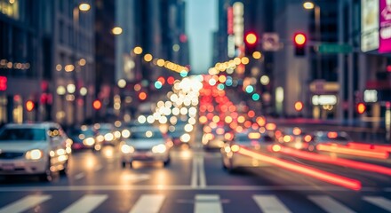Blurred city street scene at night featuring heavy traffic with glowing headlights and red tail lights creating beautiful bokeh effect on busy urban road during rush hour for transportation concept