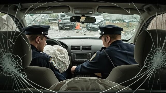 Two male police officers in uniform inside a crashed patrol car with deployed airbags and shattered glass
