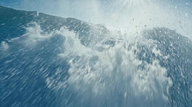 Sunlit wave crest sprays water upward, highlighting motion and light
