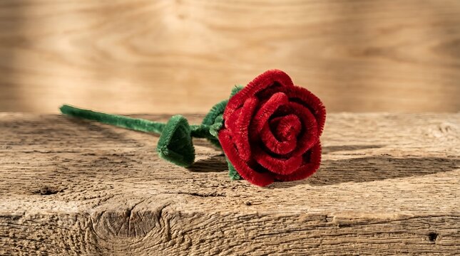 Elegant deep red pipe cleaner rose on rustic wooden surface handmade flower decoration