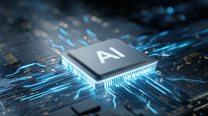 AIの文字が光る最新の半導体チップと電子回路
