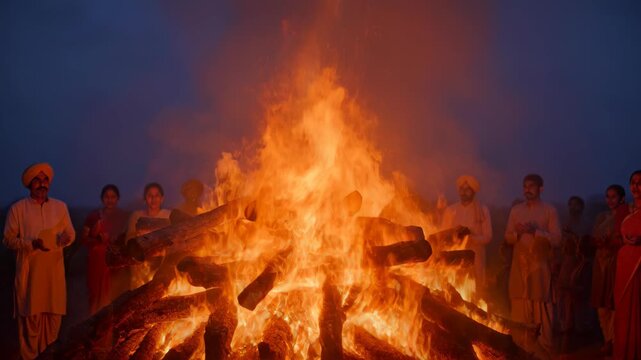 Community Gathering Around Bonfire During Chhoti Holi and Holika Dahan Celebration in Rural Setting