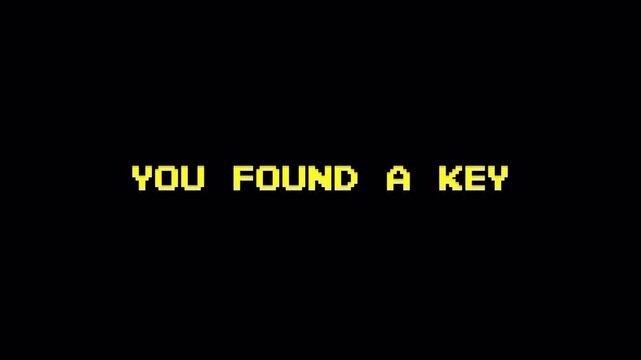 8-Bit Pixel Art Game Text Animation: Level Up, You Found Key on Dark Retro Arcade Background, Vintage Computer Style 4k video animation seamless loop