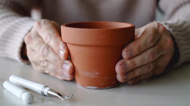 Hands cradling a small terracotta pot with sculpting tools on a table person woman
