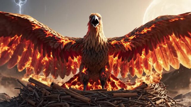 Mythical Bird of Fire Rising from Nest Against Dramatic Sky with Lightning and Celestial Body