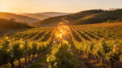 Obraz premium Sunlit vineyard rows in rolling hills