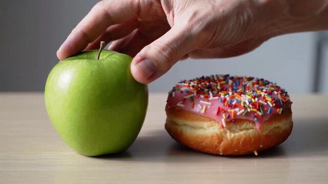 Hand reaching for a donut over a green apple on a wooden table grabbing choosing