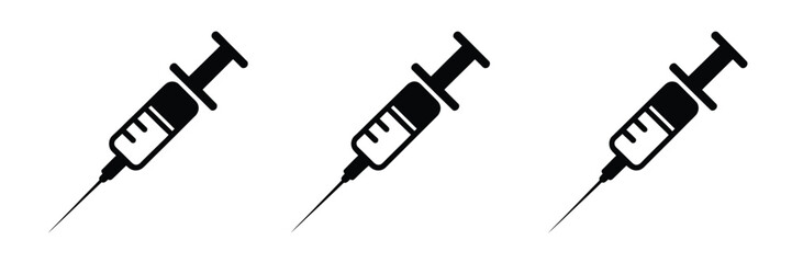 Fototapeta premium Collection of Syringe Injection Silhouette Icon Vector Set, black medical illustrations isolated for logo design, featuring vaccine syringes and healthcare symbols ideal for clinics, hospitals